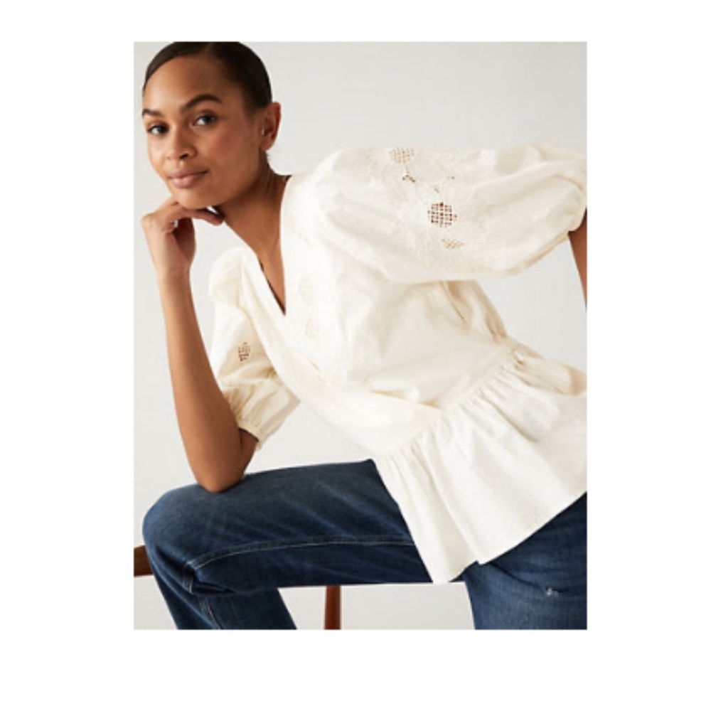 MARKS & SPENCER Pure cotton embroidered puff sleeve blouse